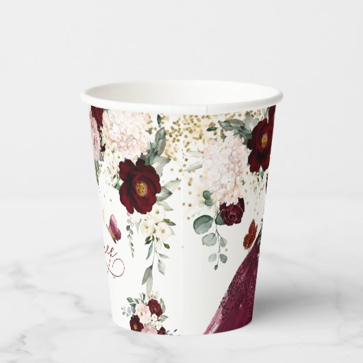 Gobelets En Papier Dusty rose bordeaux Fleurs rousses Quinceanera (Droite)