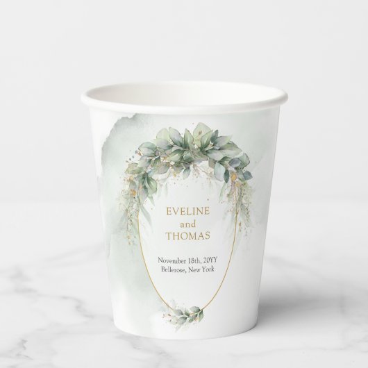 Gobelets En Papier Eau rustique eucalyptus vert mariage or (Verso)