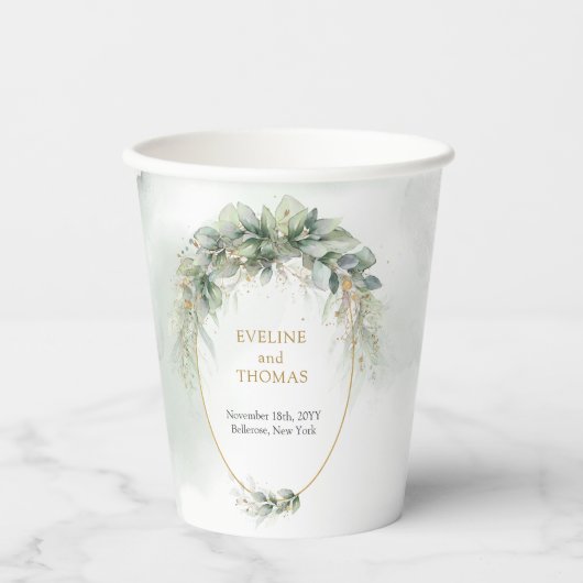 Gobelets En Papier Eau rustique eucalyptus vert mariage or (Recto)