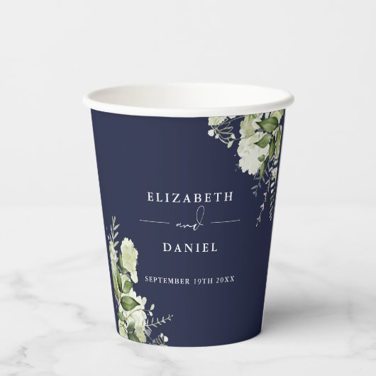 Gobelets En Papier Élégance Florale de Mariage en Bleu Nuit (Verso)