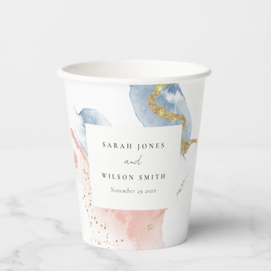 Gobelets En Papier Elégant Abstrait Aquarelle or rose bleu Mariage (Recto)