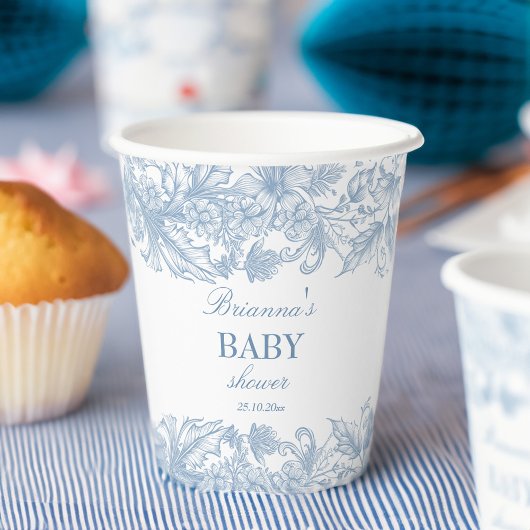 Gobelets En Papier Élégant baby shower bleu chinoiserie toile françai