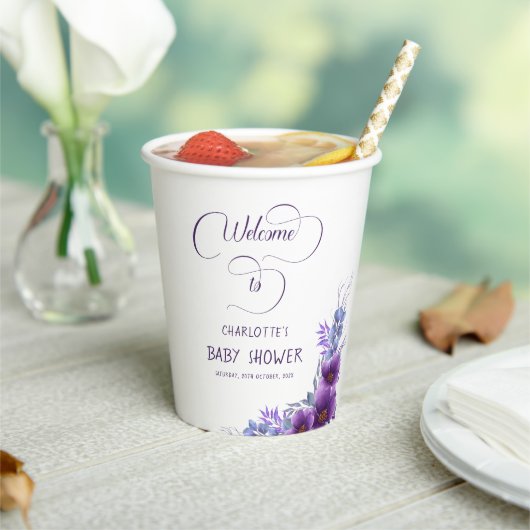 Gobelets En Papier Elégant Baby shower de fleurs violettes aquarelle (Insitu)