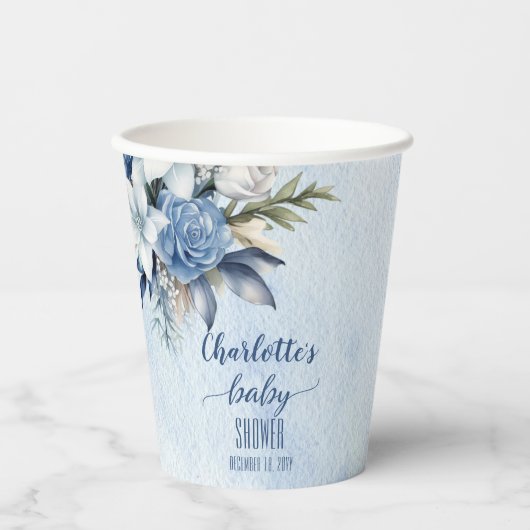 Gobelets En Papier Elégant Baby shower Floral d'hiver bleu (Recto)