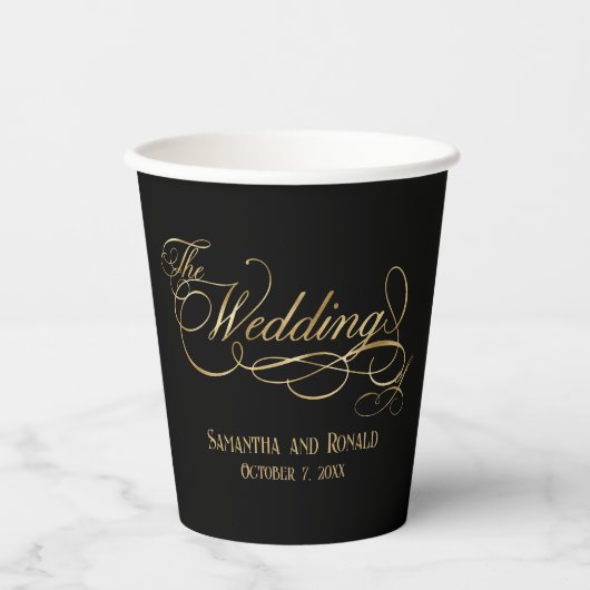 Gobelets En Papier Elegant Black and Faux Gold Calligraphy Wedding (Recto)