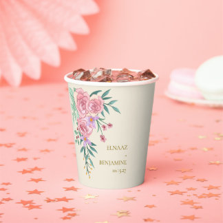 Gobelets En Papier Élégant Bohème Rose Pâle Floral Aquarelle Mariage