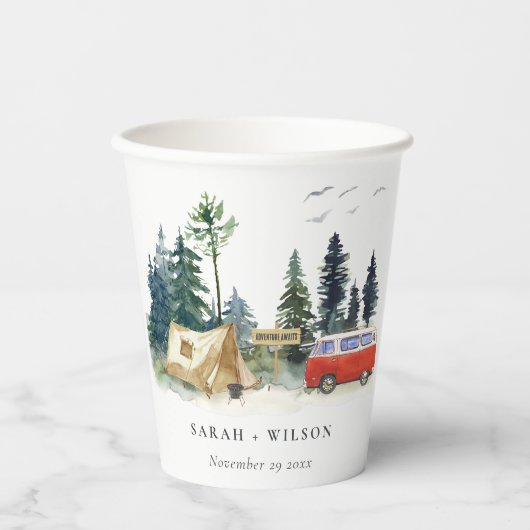 Gobelets En Papier Élégant Camping Aquarelle Pine Mariage (Recto)