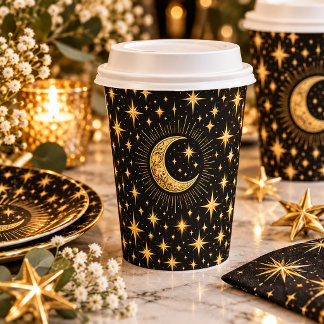 Gobelets En Papier Élégant croissant de lune et étoiles noir et or |