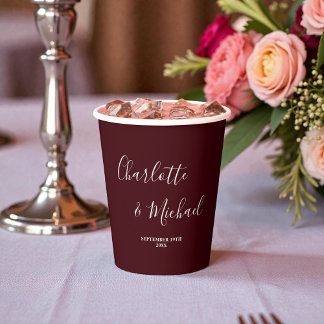 Gobelets En Papier Elegant Deep Burgundy Script Minimalist Wedding
