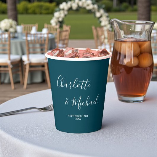 Gobelets En Papier Elegant Deep Teal Script Minimalist Wedding