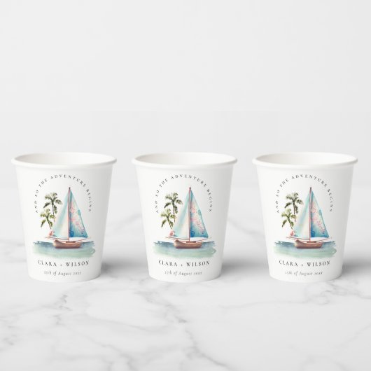 Gobelets En Papier Elégant Dusky Turquoise Sailboat Palm Mariage mari (Multi)