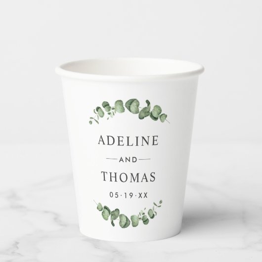 Gobelets En Papier Élégant Eucalyptus Mariage Monogramme (Recto)