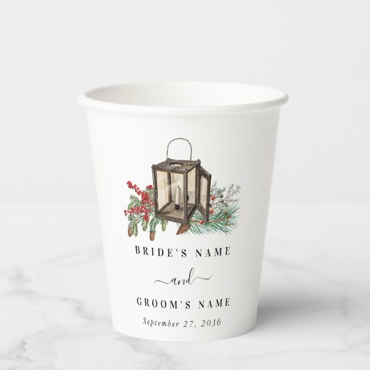 Gobelets En Papier Élégant hiver Pins rustique Mariage de lanterne (Recto)