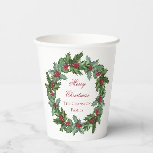 Gobelets En Papier Elegant Holly et Berries Wreath Joyeux Noël (Verso)