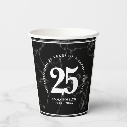 Gobelets En Papier Élégant Marbre Noir 25 Anniversaire du Travail (Verso)