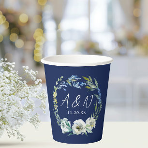 Gobelets En Papier Élégant Mariage de monogramme floral bleu marine