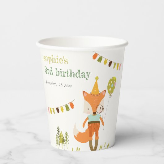 Gobelets En Papier Élégant mignon Woodland Fun Party Fox Anniversaire (Verso)