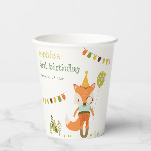 Gobelets En Papier Élégant mignon Woodland Fun Party Fox Anniversaire (Recto)