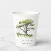 Gobelets En Papier Elégant minimal vert aquarelle Mariage chêne arbre (Verso)