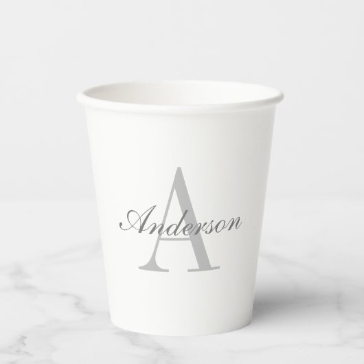 Gobelets En Papier Élégant Monogramme blanc et gris (Recto)