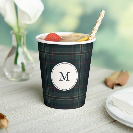Gobelets En Papier Élégant Monogramme bleu marine et vert (Insitu)