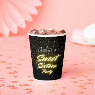 Gobelets En Papier Elégant néon or noir rétro Sweet 16e anniversaire