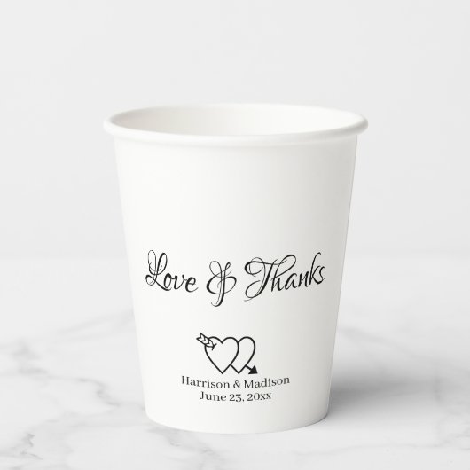 Gobelets En Papier Élégant noir blanc script personnalisé coeur maria (Verso)