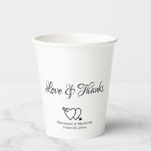 Gobelets En Papier Élégant noir blanc script personnalisé coeur maria
