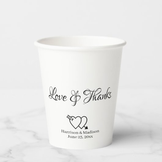 Gobelets En Papier Élégant noir blanc script personnalisé coeur maria (Recto)