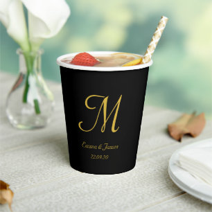 Gobelets En Papier Élégant Noir Monogramme Or Nom du script