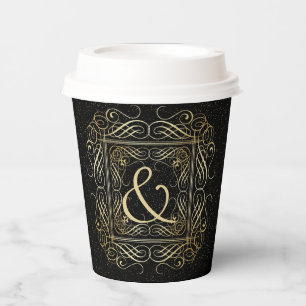 Gobelets En Papier Élégant or Foil Look Scrollwork Script sur noir