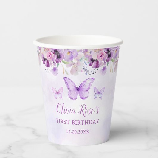 Gobelets En Papier Elégant papillon violet 1er anniversaire fête (Recto)