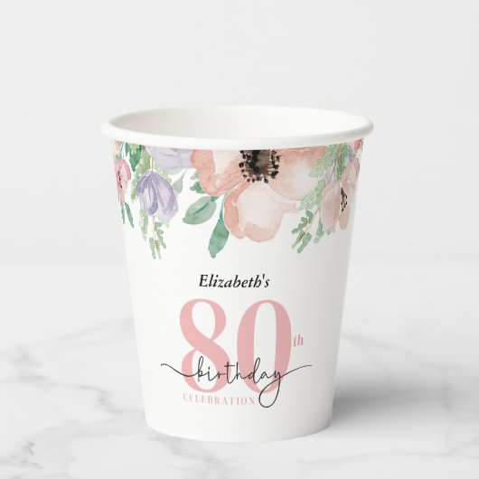 Gobelets En Papier Elegant Pastel Floral 80th Birthday Party (Recto)