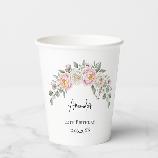 Gobelets En Papier Elegant Pink Floral Personalized Disposable Cup (Verso)