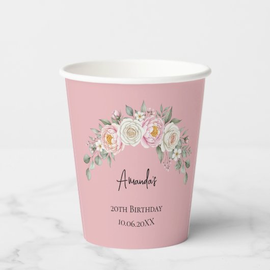 Gobelets En Papier Elegant Pink Floral Personalized Disposable Cup (Verso)