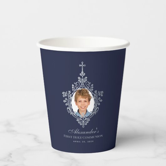Gobelets En Papier Élégant Première Sainte Communion Marine Bleu Boy  (Verso)