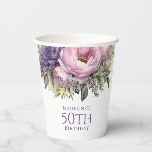 Gobelets En Papier Élégant Purple Rose Floral 50e anniversaire (Verso)