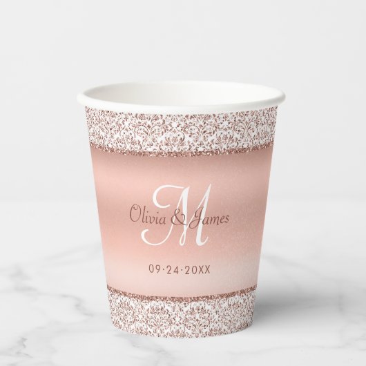 Gobelets En Papier Élégant Rose Damask or Monogram Mariage (Recto)