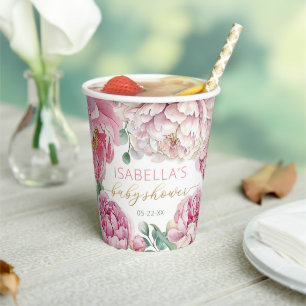 Gobelets En Papier Élégant rose et or Floral Baby shower fille Pape