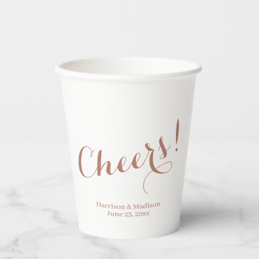 Gobelets En Papier Elégant rose or Cheers script personnalisé Mariage (Recto)