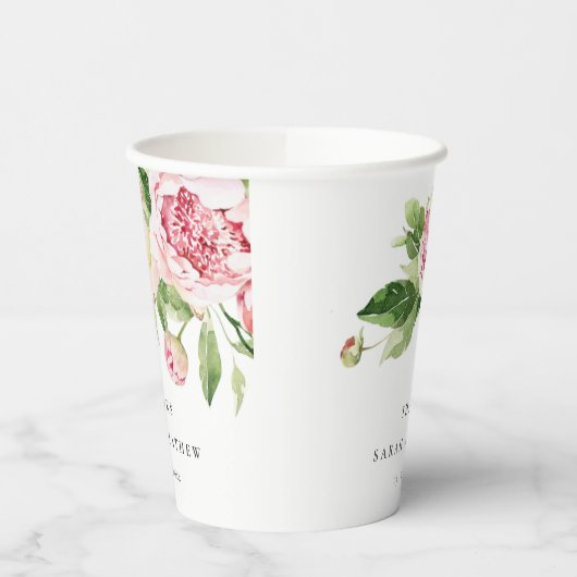 Gobelets En Papier Elégant rose vert pivoine Floral Merci Mariage (Gauche)