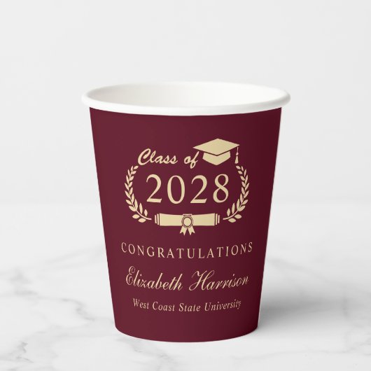 Gobelets En Papier Élégant Script Bourgogne Red Gold Graduation (Verso)