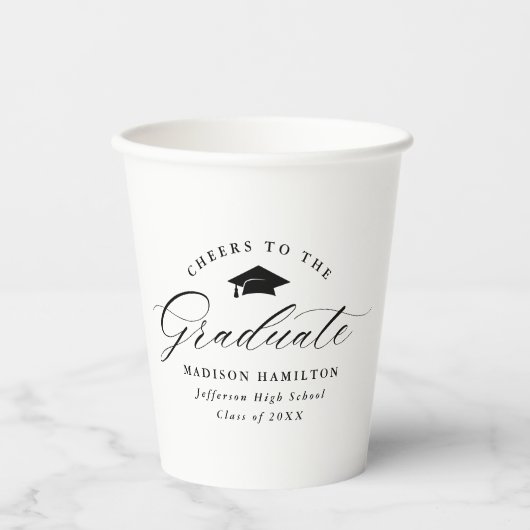 Gobelets En Papier Élégant script noir salue le diplômé (Recto)