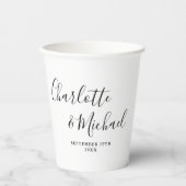 Gobelets En Papier Élégant Script Signature Mariage noir et blanc (Recto)