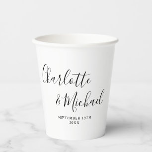 Gobelets En Papier Élégant Script Signature Mariage noir et blanc