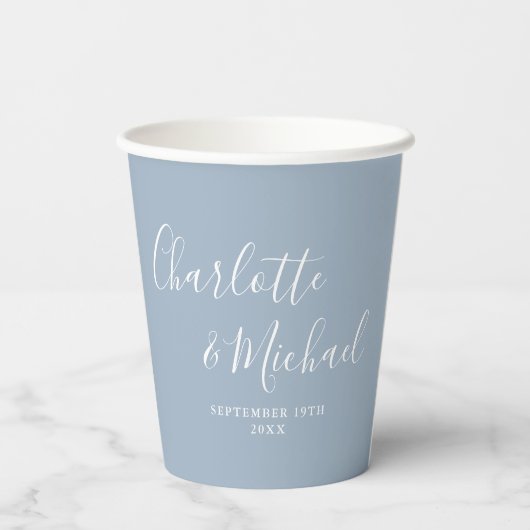 Gobelets En Papier Élégant signature Script Dusty Mariage bleu (Verso)