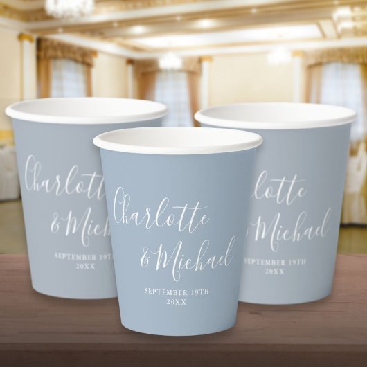 Gobelets En Papier Élégant signature Script Dusty Mariage bleu