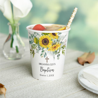 Gobelets En Papier Elegant Sunflower & Eucalyptus Boho Cross Baptism