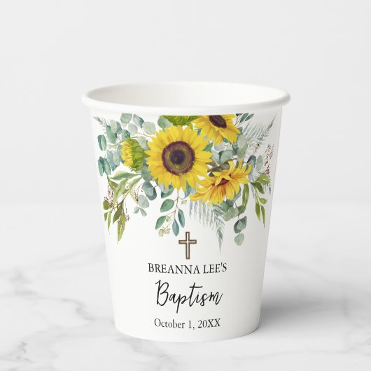 Gobelets En Papier Elegant Sunflower & Eucalyptus Boho Cross Baptism (Verso)