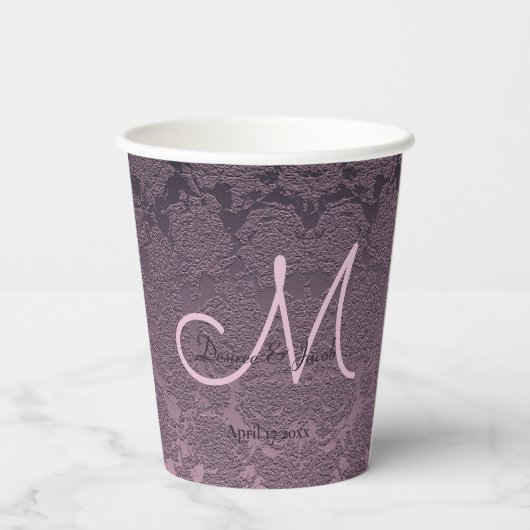 Gobelets En Papier Élégant violet lavande Mariage Mauve Monogramme (Verso)
